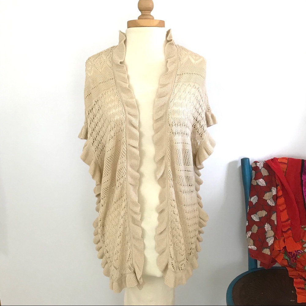 Neutral Beige Cream Ruffled Sweater Shawl